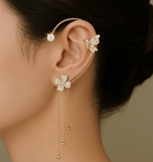 Ear Cuff de Mariposa y Flor con Circonitas – Sin Perforación - Belleza Unica
